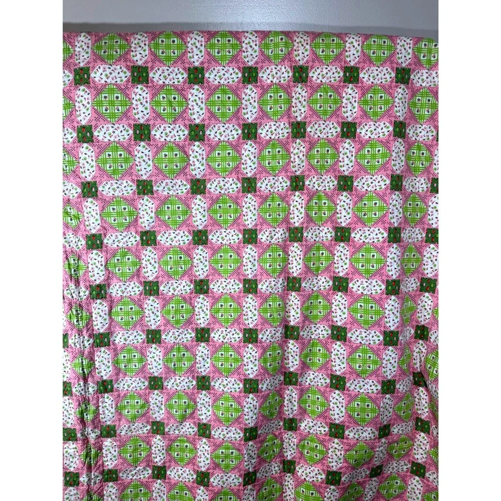 Vintage Handmade Patchwork Quilt Pink Green Floral Plaid Cottagecore Farmhouse